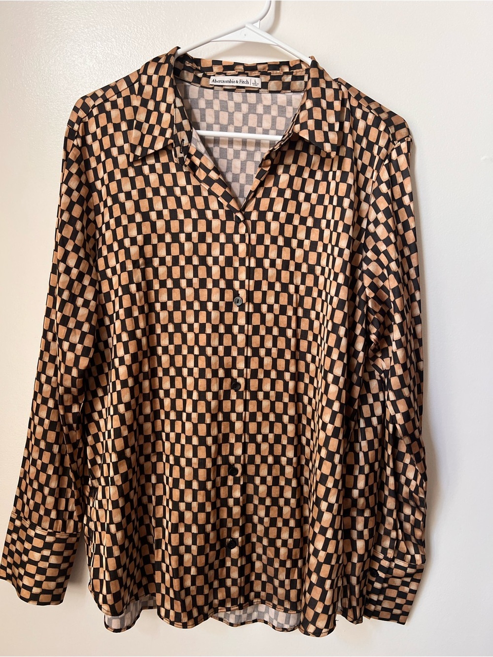 Abercrombie & Fitch Brown Geometric Checkerboard Satin Shirt Dress L